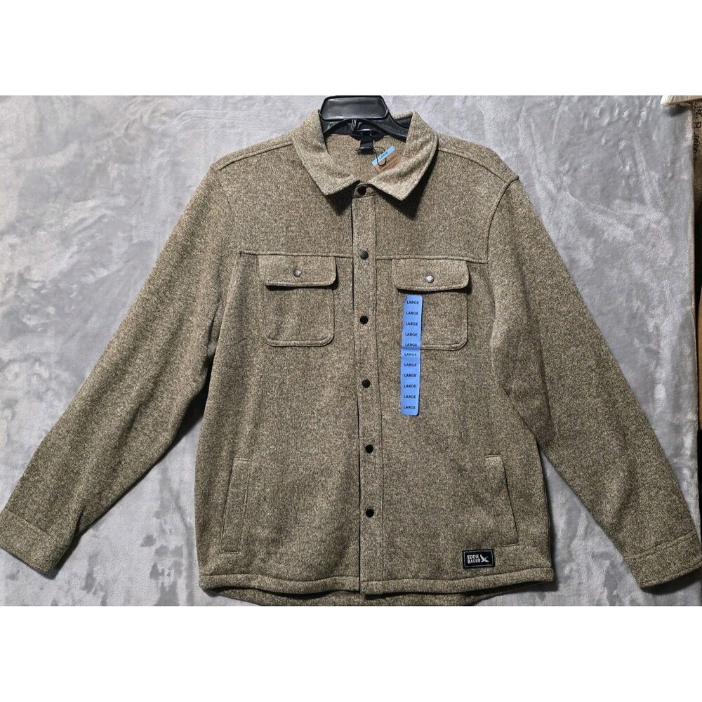 NWT Eddie Bauer Sweater Fleece Shirt Jacket Shacket Mens L Brown Snaps Pockets